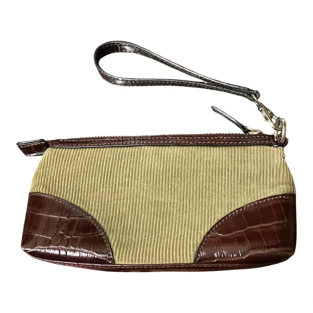 EUC Tommy Hilfiger Vintage olive corduroy and brown patent leather wristlet